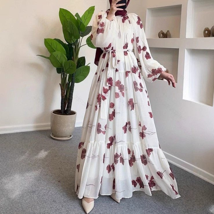 Watercolor Floral Maxi Dress | Long Sleeve Belted Tiered Dress(MS273) - Mariam's Collection