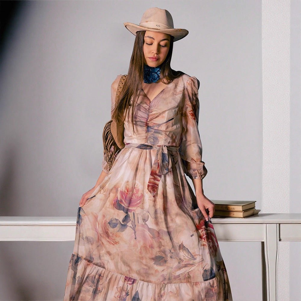 Watercolor Floral V - Neck Maxi Dress(MS372) - Mariam's Collection