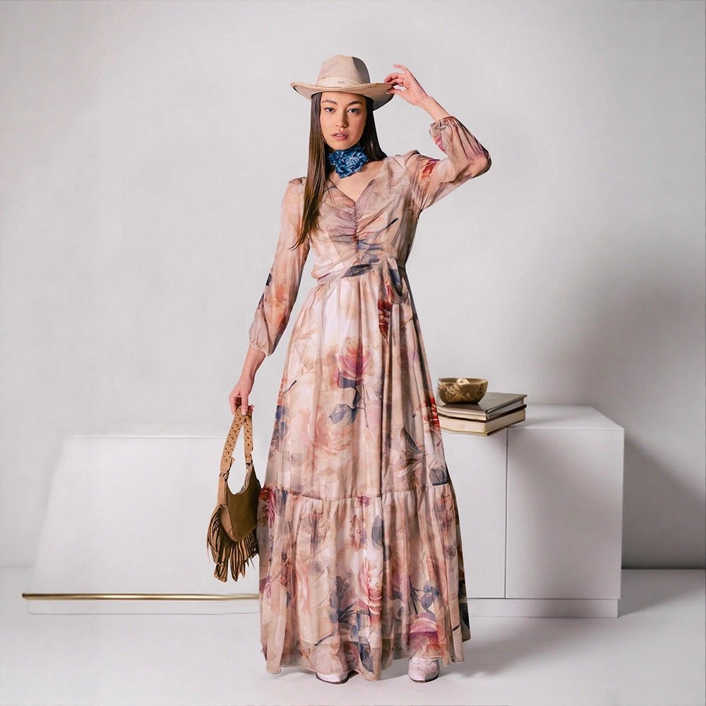 knee length dresses for ladies Watercolor Floral V-Neck Maxi Dress — Prairie Inspired Modest Floral Gown