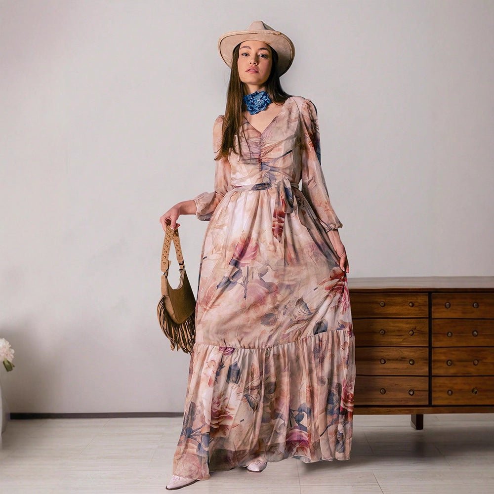 Watercolor Floral V - Neck Maxi Dress(MS372) - Mariam's Collection