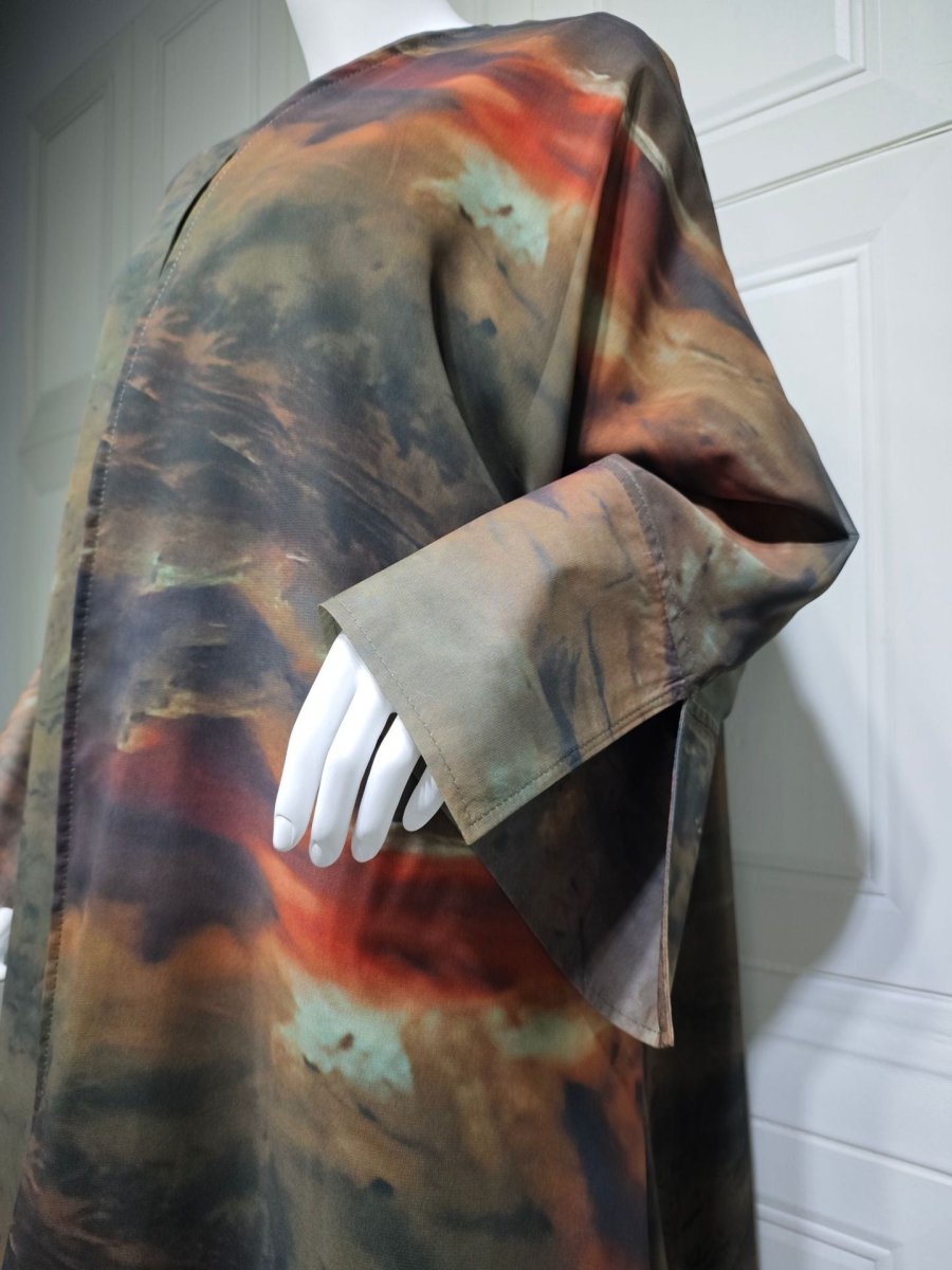 Watercolor Print Chiffon Abaya Muslim Women's Elegant Cover - Up Modest Floral Robe Dress with Bell Sleeves. (MOA153) - Mariam's Collection