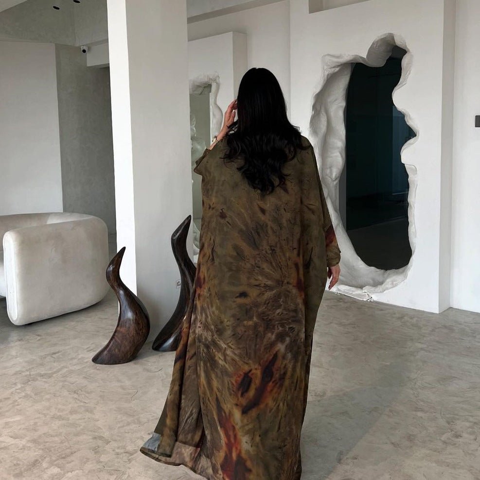 Watercolor Print Chiffon Abaya Muslim Women's Elegant Cover - Up Modest Floral Robe Dress with Bell Sleeves. (MOA153) - Mariam's Collection