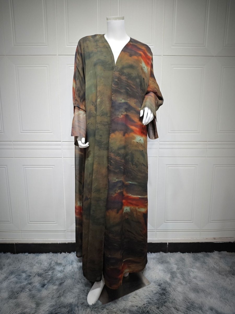 Watercolor Print Chiffon Abaya Muslim Women's Elegant Cover - Up Modest Floral Robe Dress with Bell Sleeves. (MOA153) - Mariam's Collection