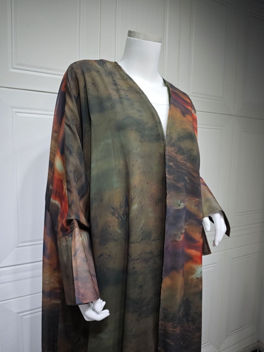 Watercolor Print Chiffon Abaya Muslim Women's Elegant Cover - Up Modest Floral Robe Dress with Bell Sleeves. (MOA153) - Mariam's Collection