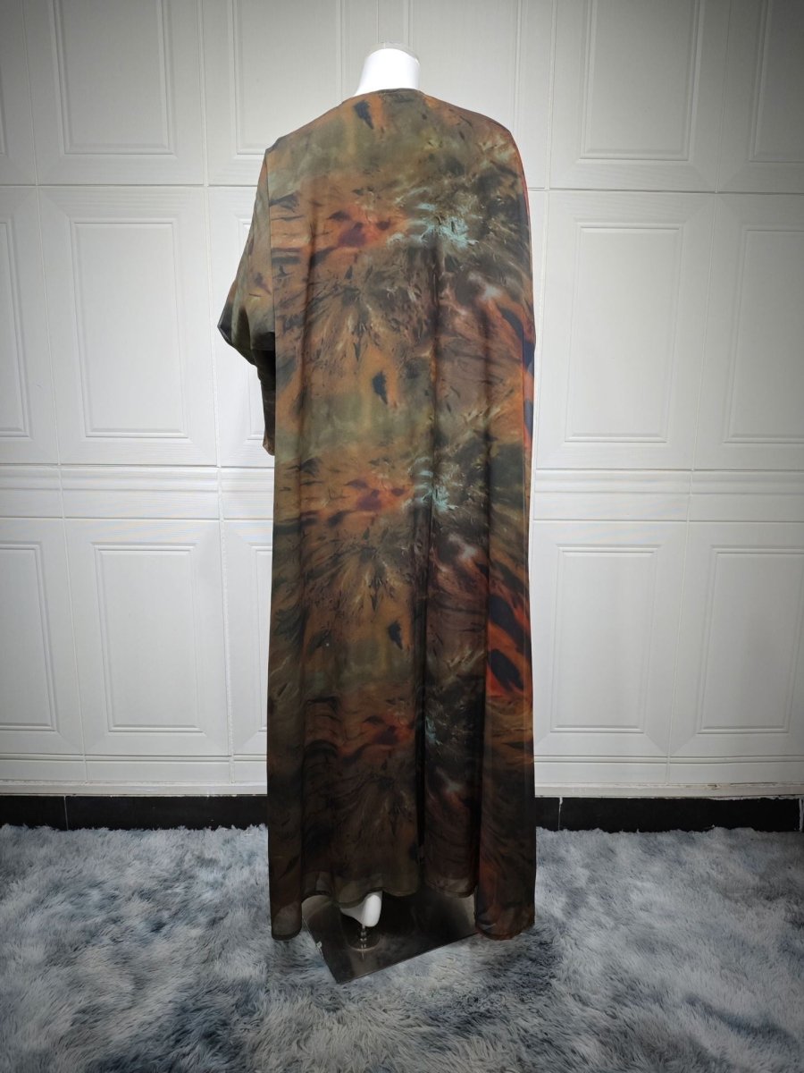 Watercolor Print Chiffon Abaya Muslim Women's Elegant Cover - Up Modest Floral Robe Dress with Bell Sleeves. (MOA153) - Mariam's Collection