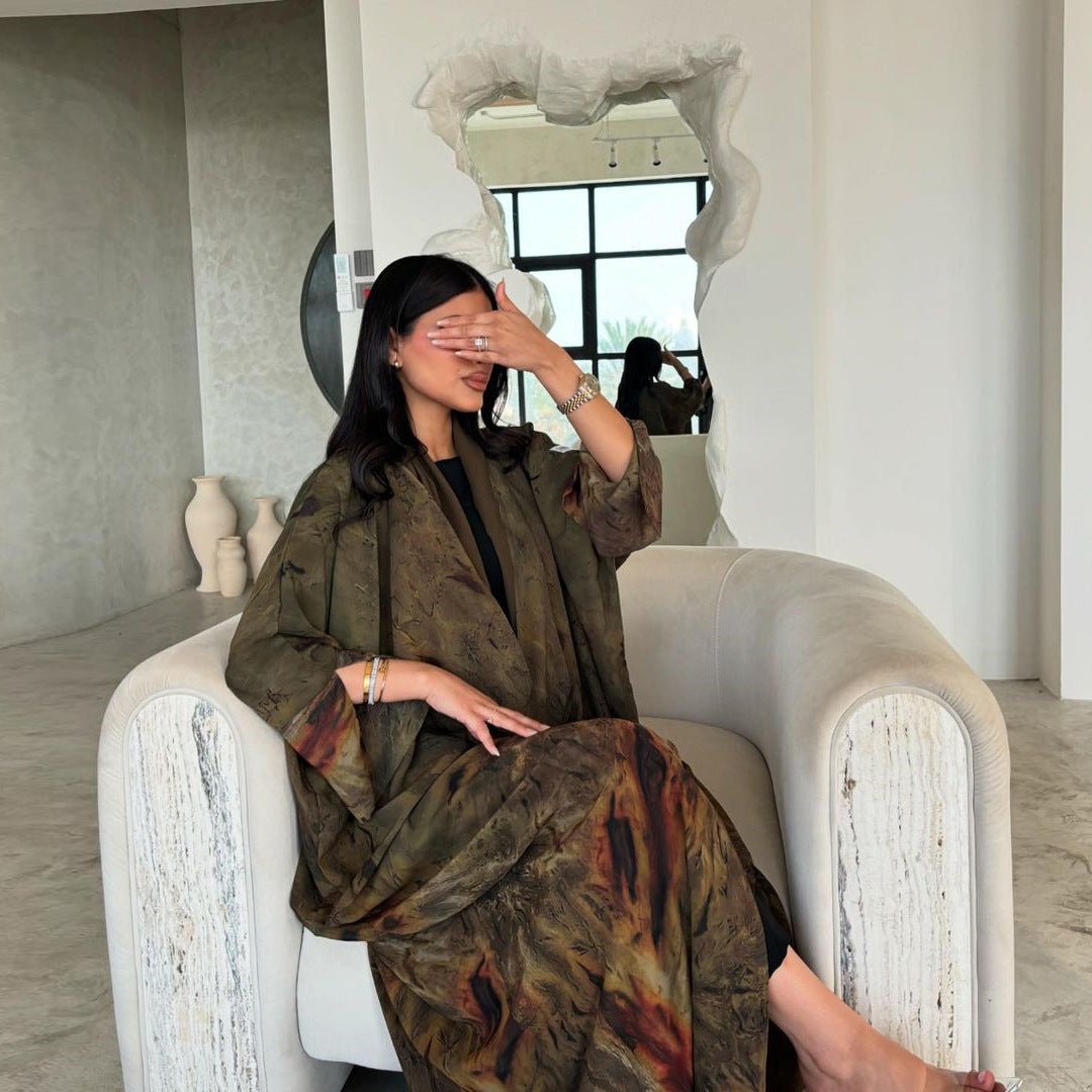 Watercolor Print Chiffon Abaya Muslim Women's Elegant Cover - Up Modest Floral Robe Dress with Bell Sleeves. (MOA153) - Mariam's Collection