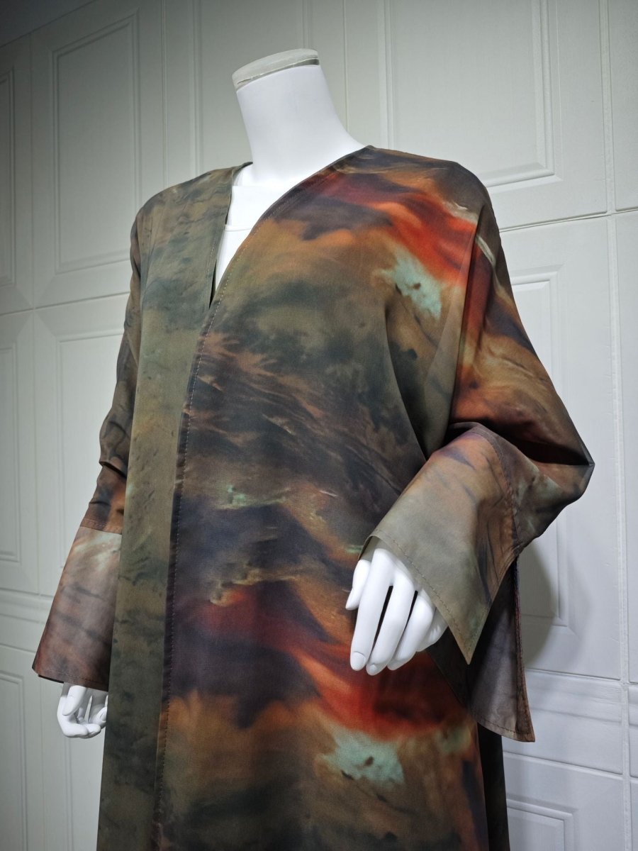 Watercolor Print Chiffon Abaya Muslim Women's Elegant Cover - Up Modest Floral Robe Dress with Bell Sleeves. (MOA153) - Mariam's Collection