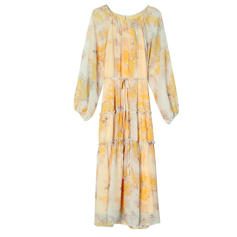 Watercolor Print Chiffon Maxi Dress | Long Sleeve Tiered Dress(MS270) - Mariam's Collection