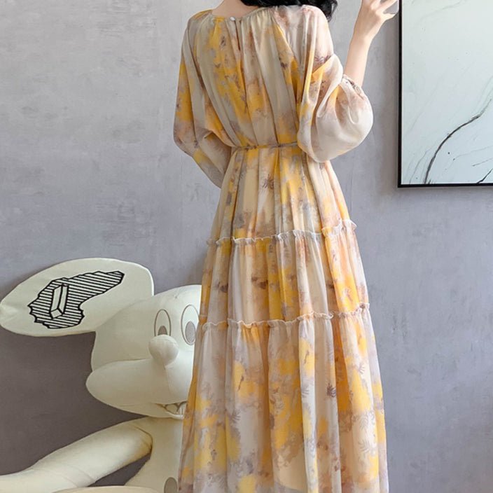 Watercolor Print Chiffon Maxi Dress | Long Sleeve Tiered Dress(MS270) - Mariam's Collection