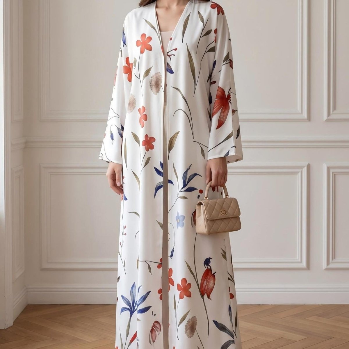 Watercolour Botanical Print Flared-Sleeve Open Abaya(MOA337) - Mariam's Collection