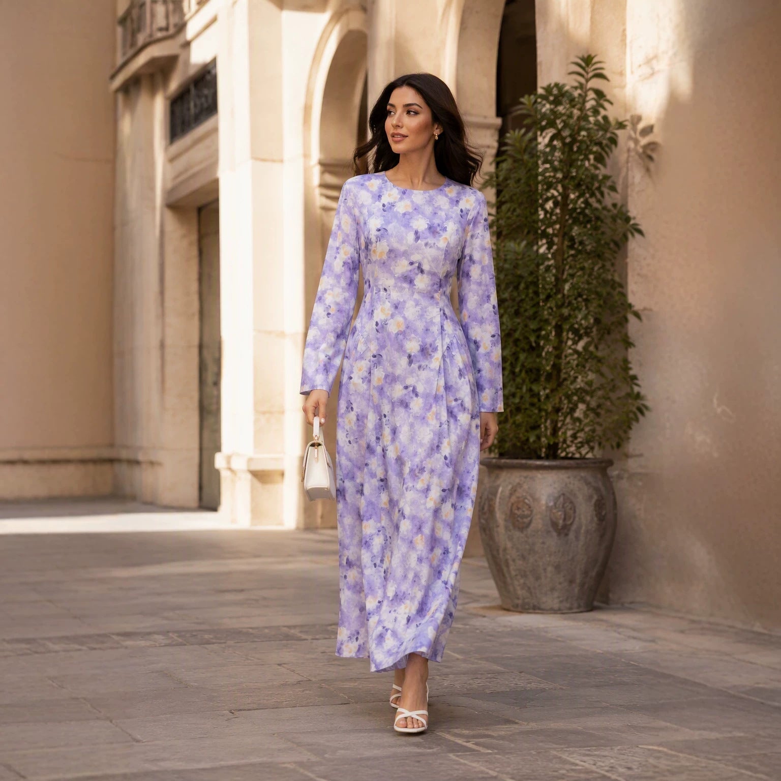 Watercolour Floral Print Flared Sleeve Maxi Dress(MS516) - Mariam's Collection