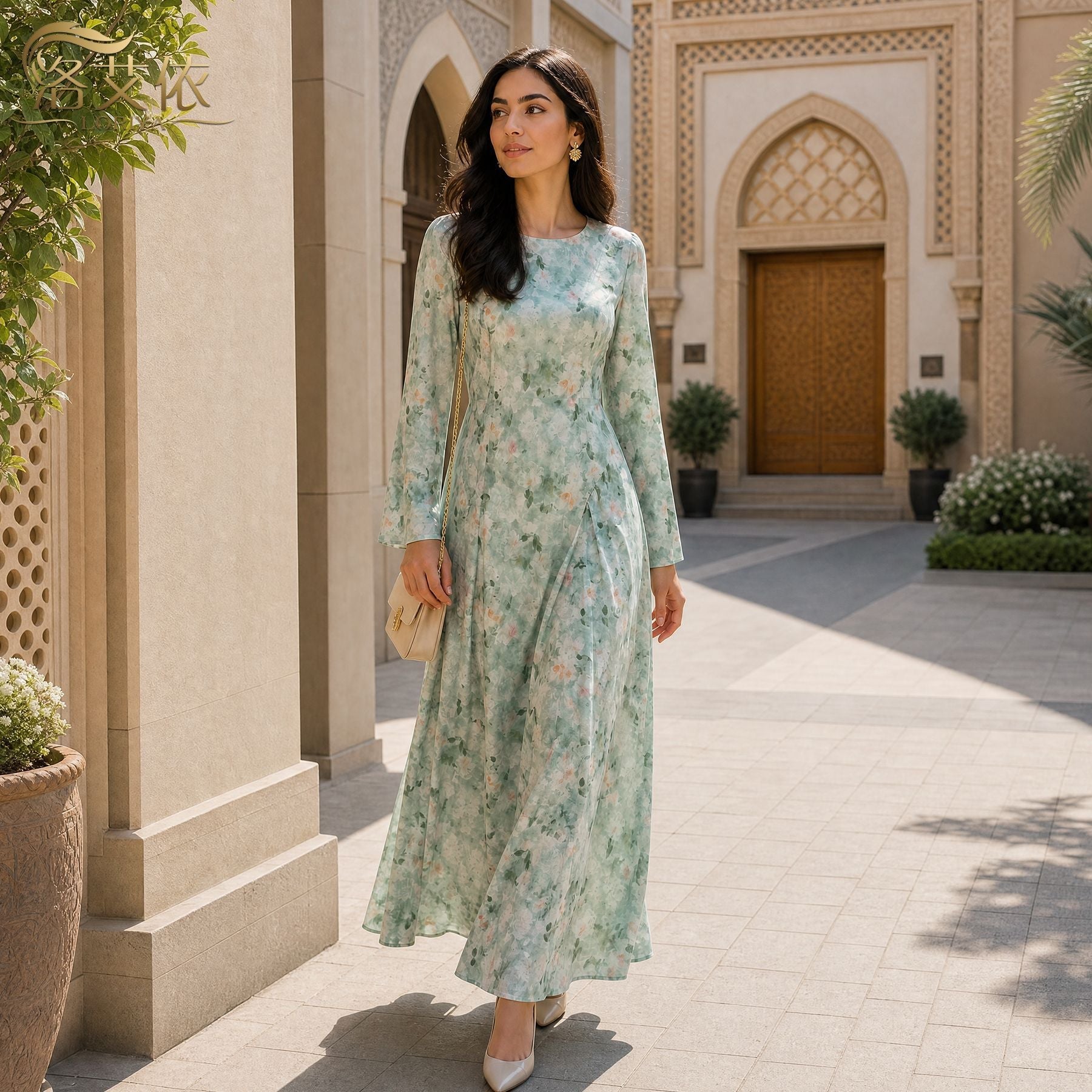 Watercolour Floral Print Flared Sleeve Maxi Dress(MS516) - Mariam's Collection