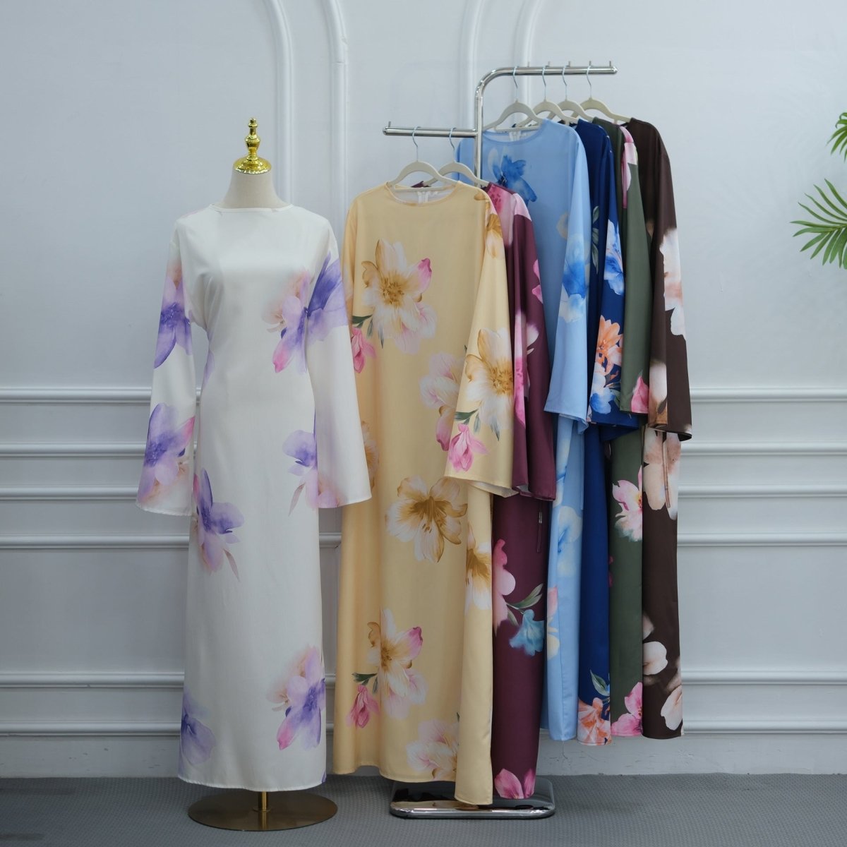 Watercolour Floral Washed-Crinkle Wide-Sleeve Maxi Dress(MS473) - Mariam's Collection