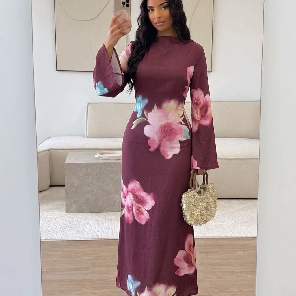 Watercolour Floral Washed-Crinkle Wide-Sleeve Maxi Dress(MS473) - Mariam's Collection