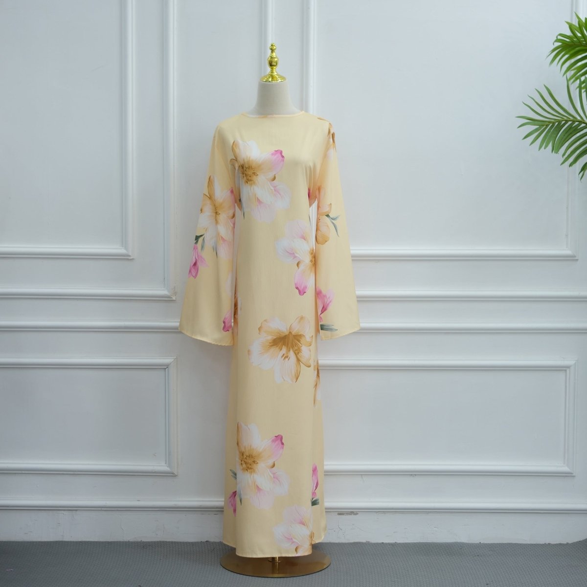 Watercolour Floral Washed-Crinkle Wide-Sleeve Maxi Dress(MS473) - Mariam's Collection
