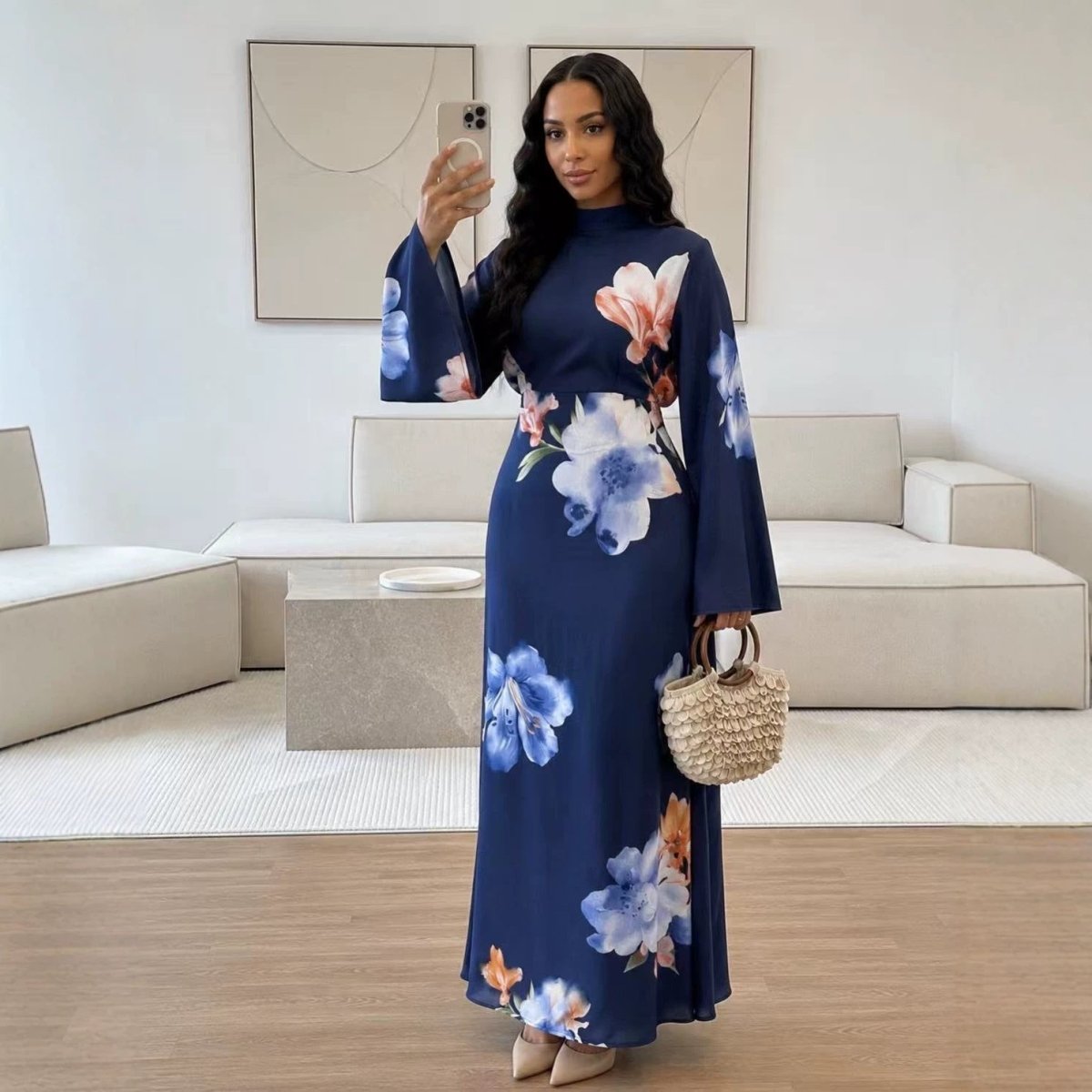 Watercolour Floral Washed-Crinkle Wide-Sleeve Maxi Dress(MS473) - Mariam's Collection