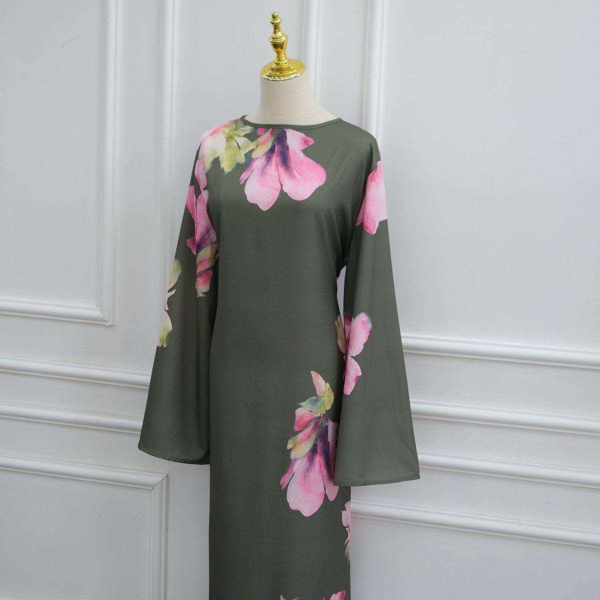 Watercolour Floral Washed-Crinkle Wide-Sleeve Maxi Dress(MS473) - Mariam's Collection