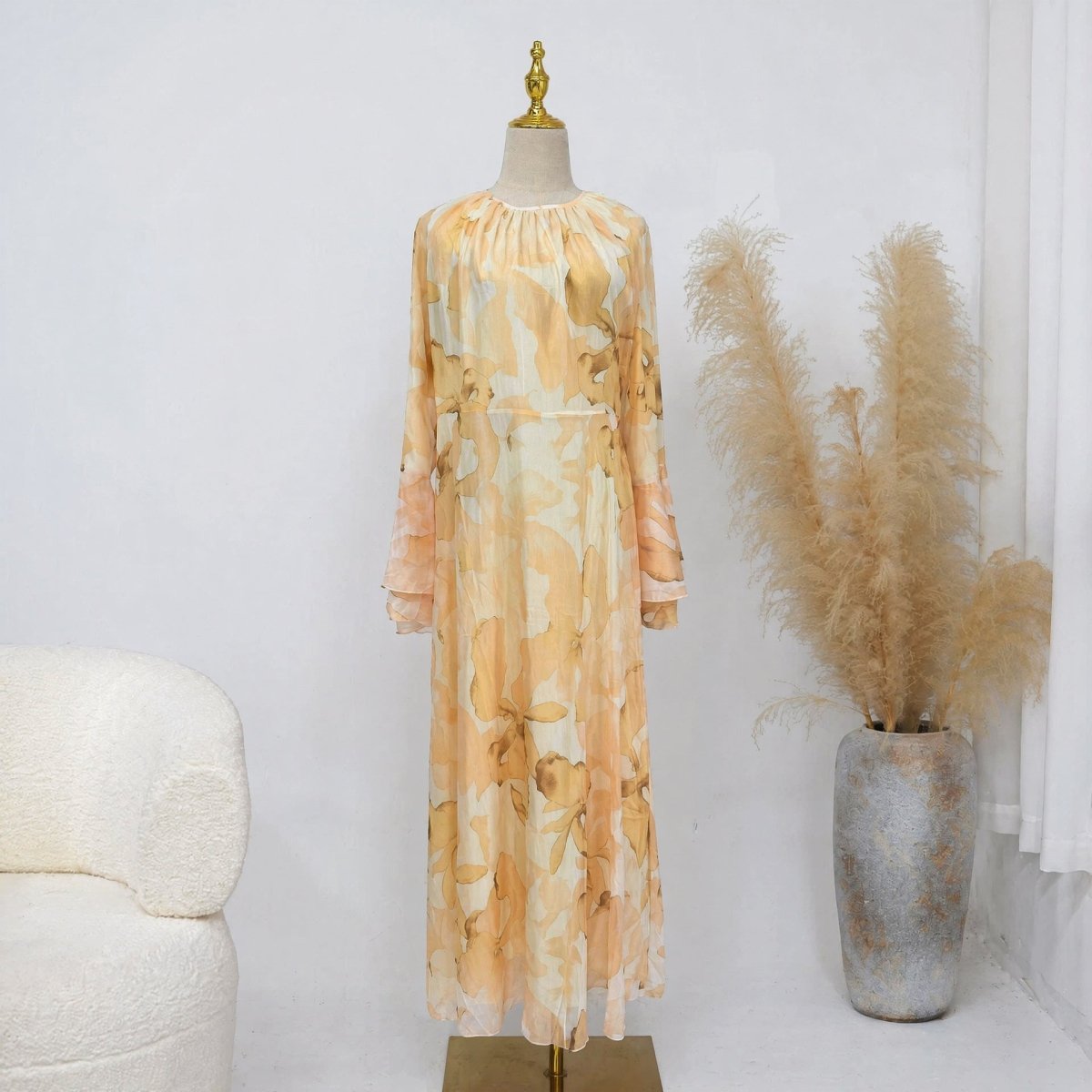 Watercolour Print Double-Layer Flared-Sleeve Maxi Dress(MA479) - Mariam's Collection
