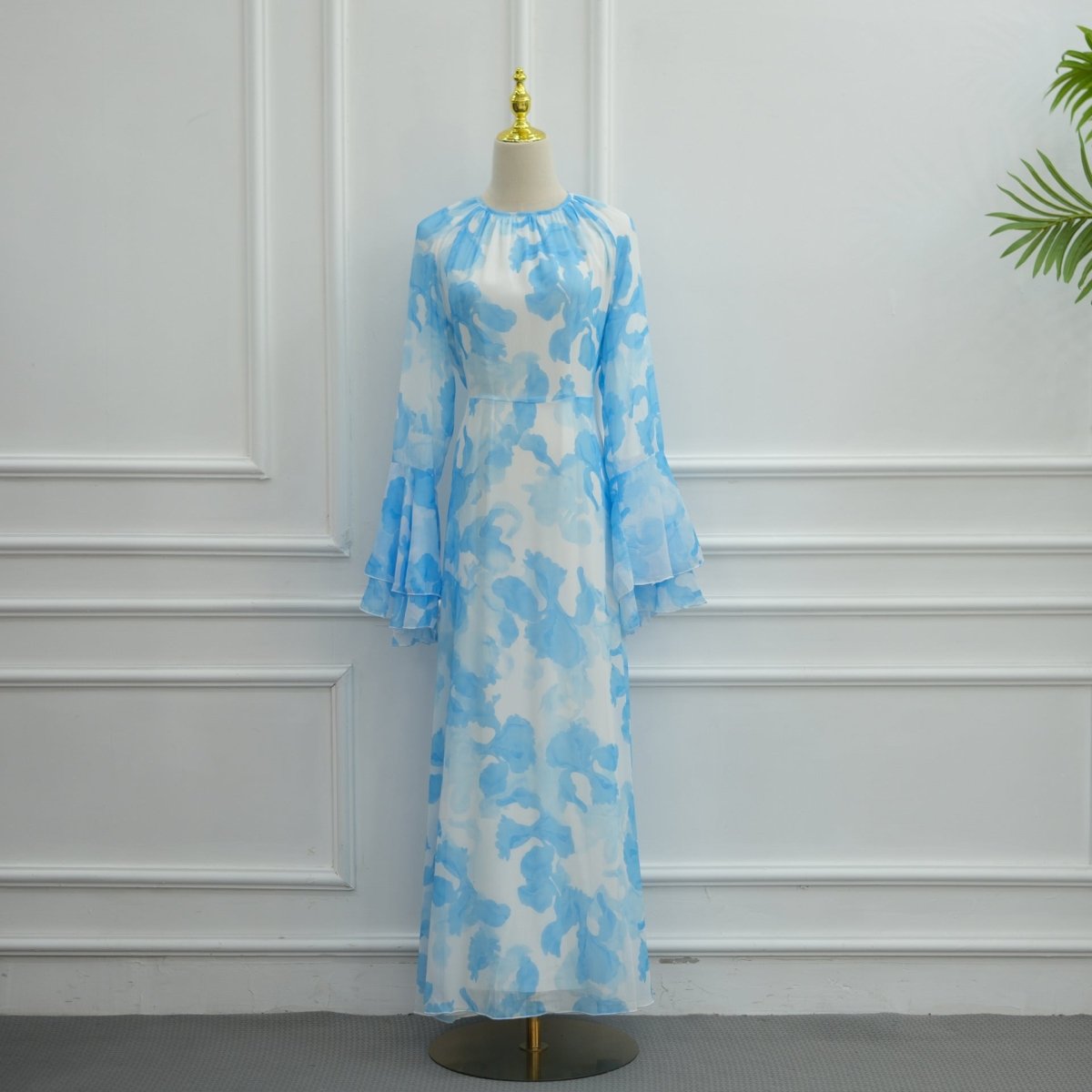 Watercolour Print Double-Layer Flared-Sleeve Maxi Dress(MA479) - Mariam's Collection