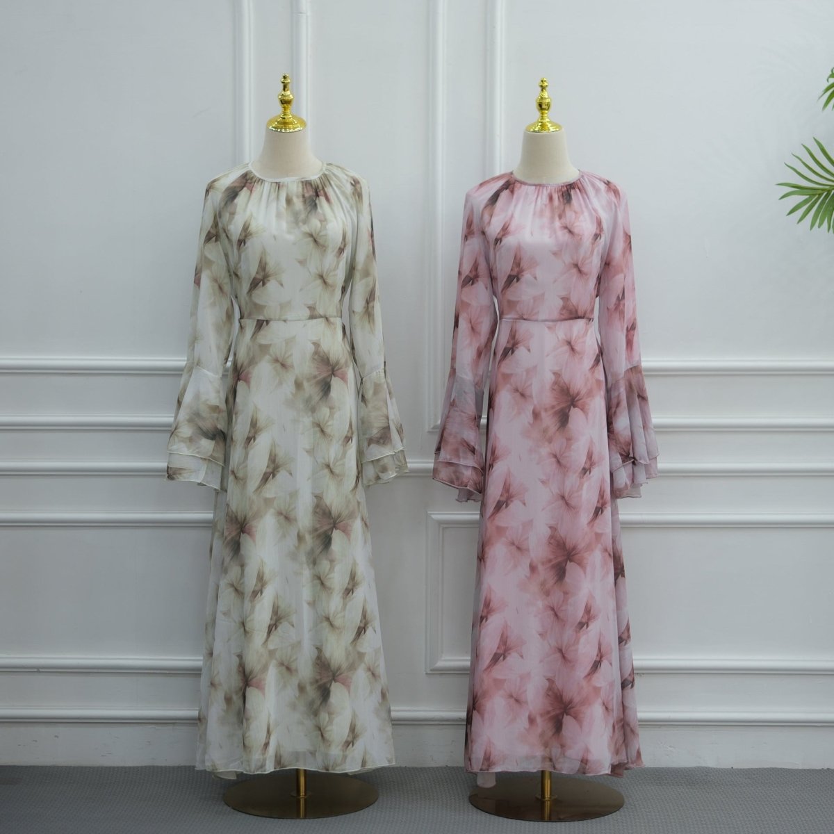 Watercolour Print Double-Layer Flared-Sleeve Maxi Dress(MA479) - Mariam's Collection