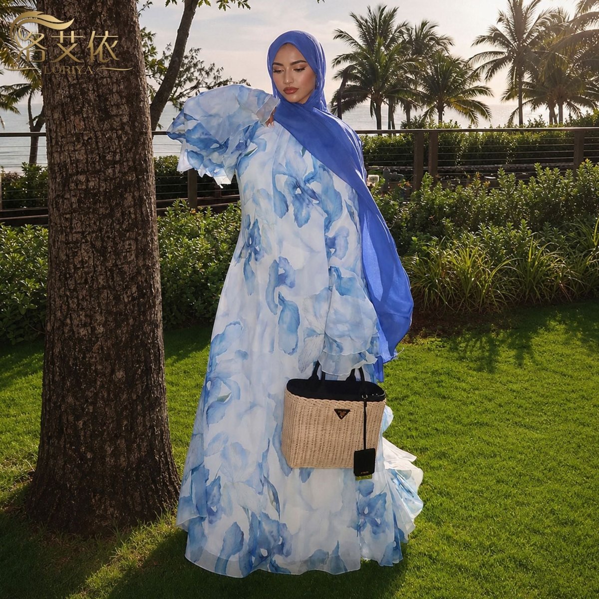Watercolour Print Double-Layer Flared-Sleeve Maxi Dress(MA479) - Mariam's Collection