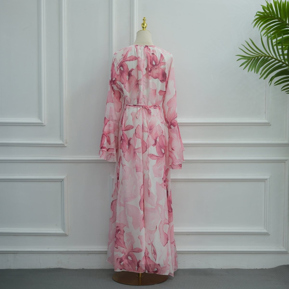 Watercolour Print Double-Layer Flared-Sleeve Maxi Dress(MA479) - Mariam's Collection