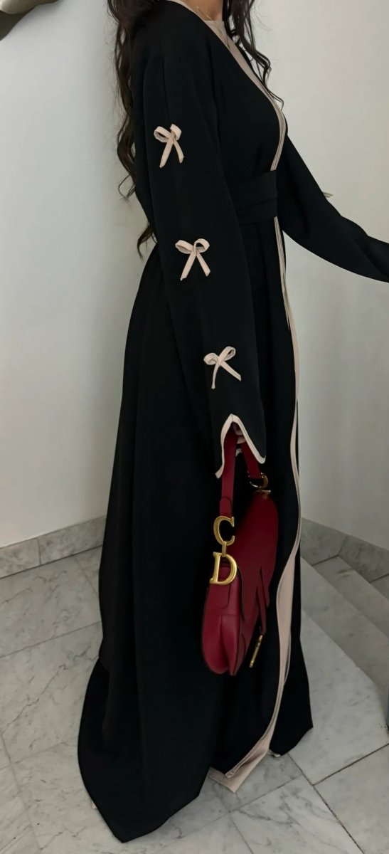 Wavy Edge Bow Embellished Open Abaya (MOA133) - Mariam's Collection