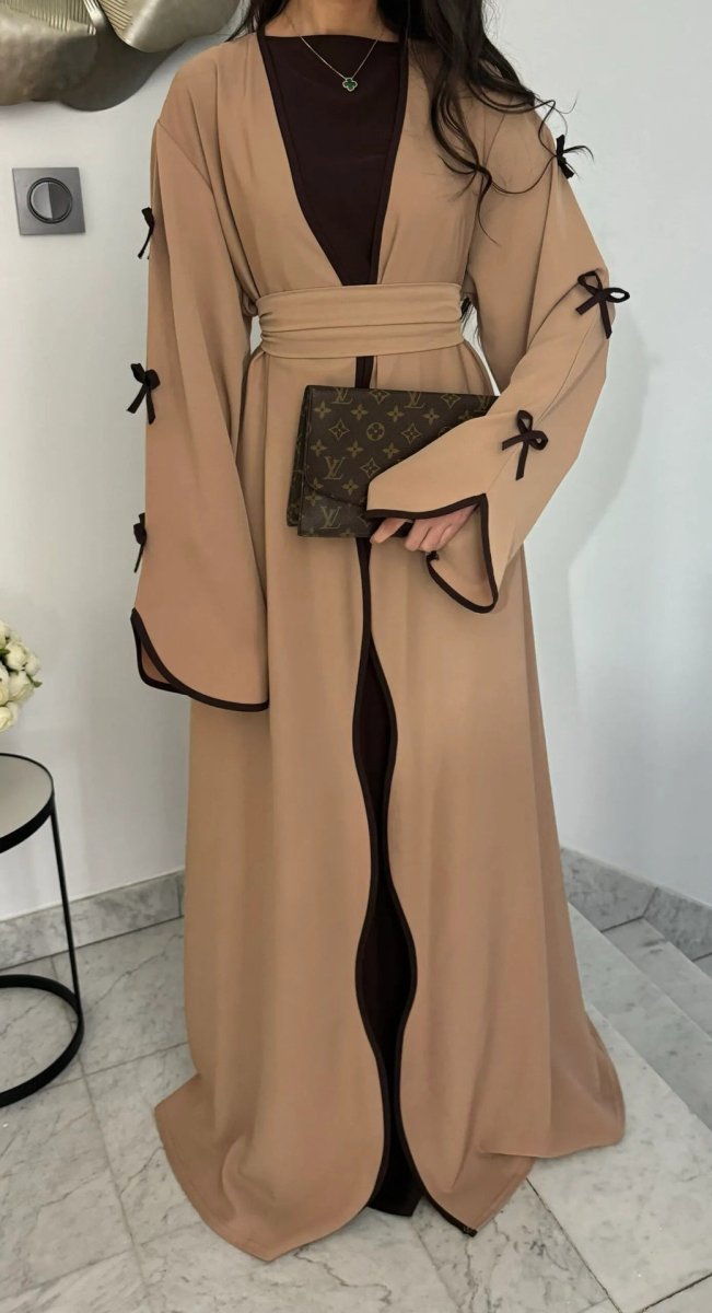 Wavy Edge Bow Embellished Open Abaya (MOA133) - Mariam's Collection