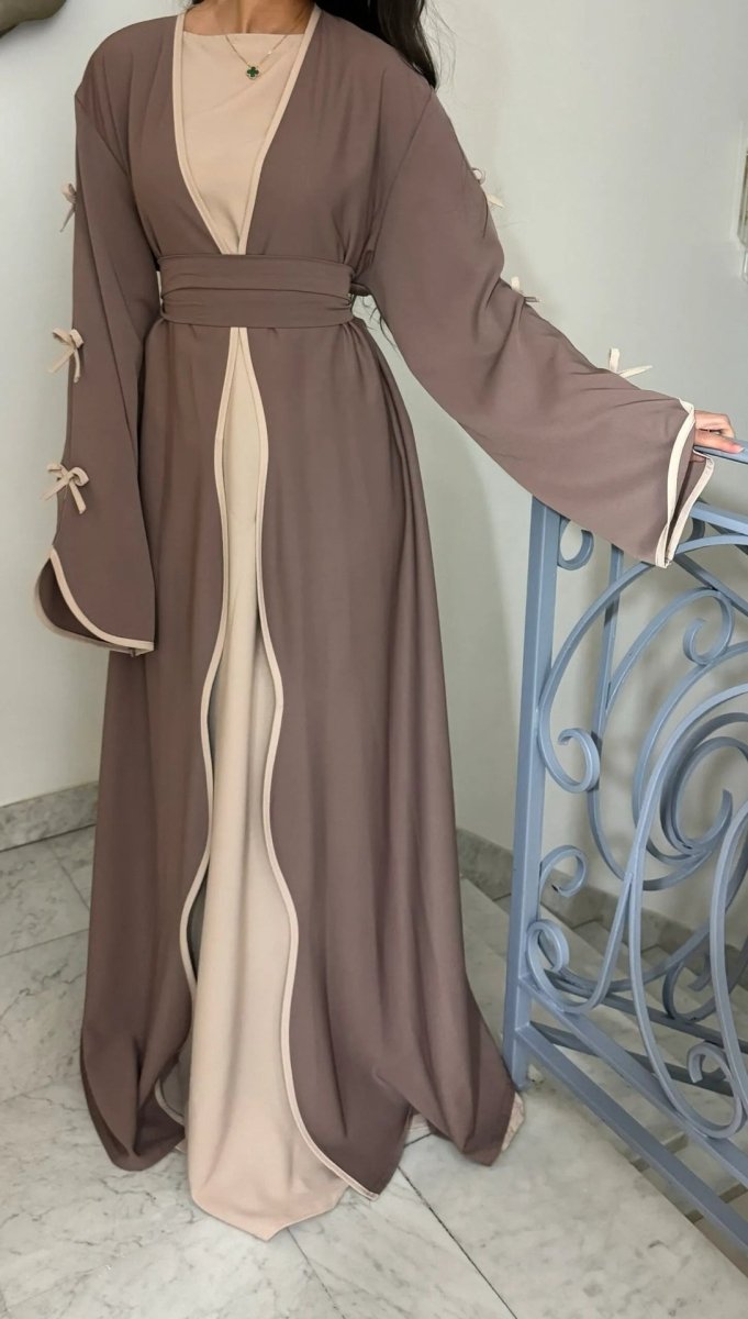 Wavy Edge Bow Embellished Open Abaya (MOA133) - Mariam's Collection