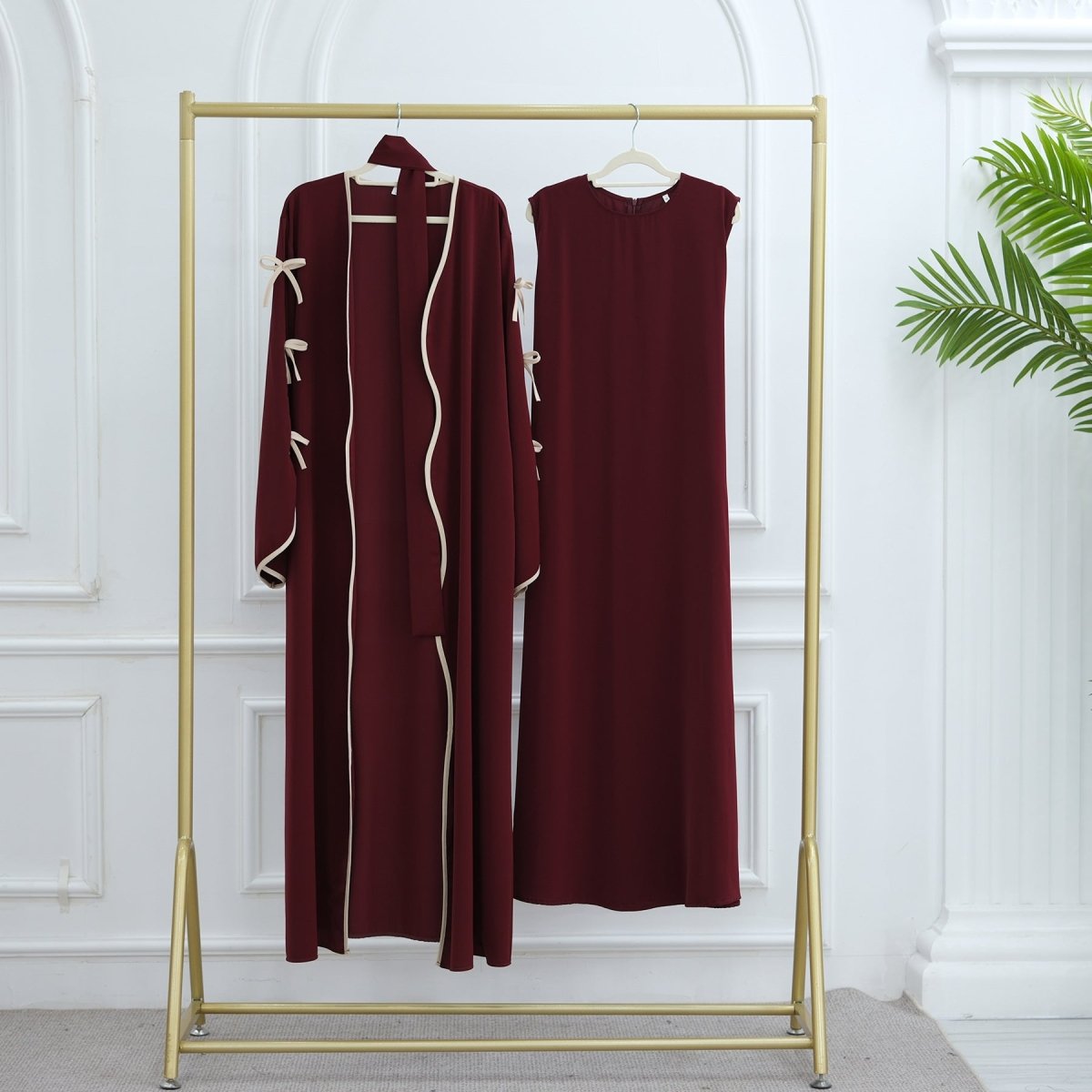 Wavy Edge Bow Embellished Open Abaya (MOA133) - Mariam's Collection