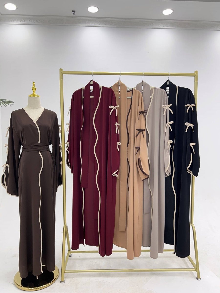 Wavy Edge Bow Embellished Open Abaya (MOA133) - Mariam's Collection