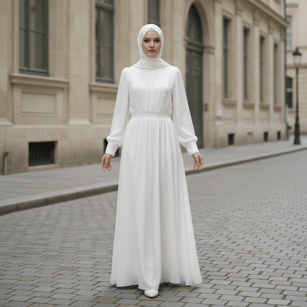 White Chiffon Princess Dress Abaya with Lantern Sleeves | Elegant Spring Fairy Swing French Court-Style Abaya (MA180) - Mariam's Collection