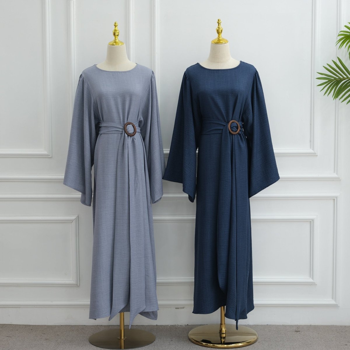 Wide Sleeve Textured Twill Blend Abaya with Belt(MA333) - Mariam's Collection