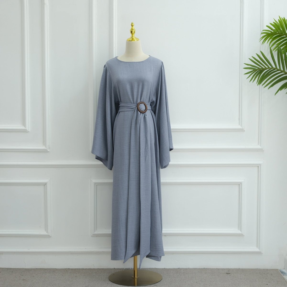 Wide Sleeve Textured Twill Blend Abaya with Belt(MA333) - Mariam's Collection