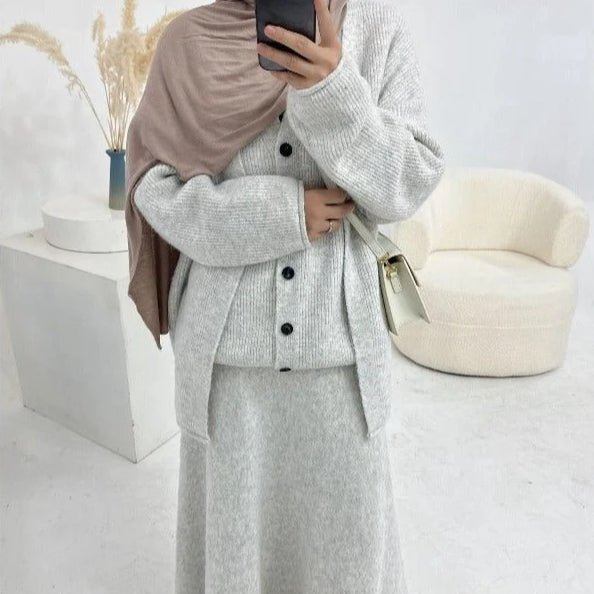 Winter Stretch Knit Three - Piece Set | Cardigan Vest & Skirt Ensemble(MS122) - Mariam's Collection