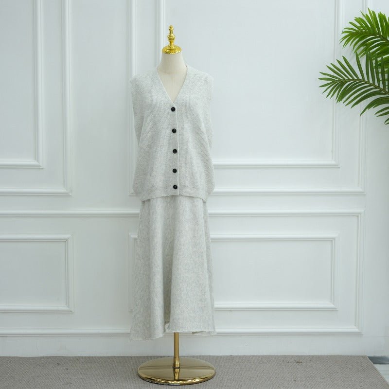 Winter Stretch Knit Three - Piece Set | Cardigan Vest & Skirt Ensemble(MS122) - Mariam's Collection
