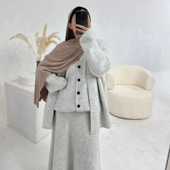 Winter Stretch Knit Three - Piece Set | Cardigan Vest & Skirt Ensemble(MS122) - Mariam's Collection