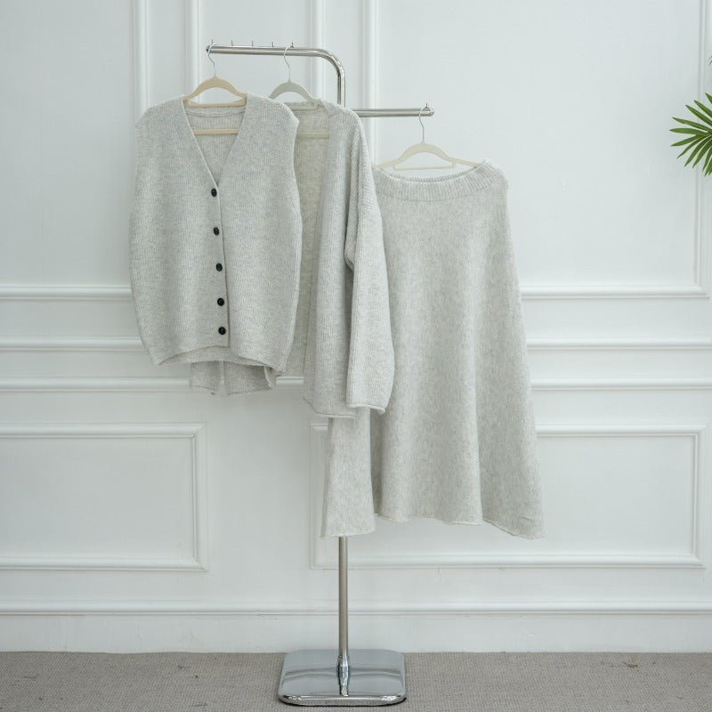 Winter Stretch Knit Three - Piece Set | Cardigan Vest & Skirt Ensemble(MS122) - Mariam's Collection