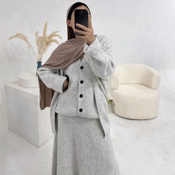 Winter Stretch Knit Three - Piece Set | Cardigan Vest & Skirt Ensemble(MS122) - Mariam's Collection