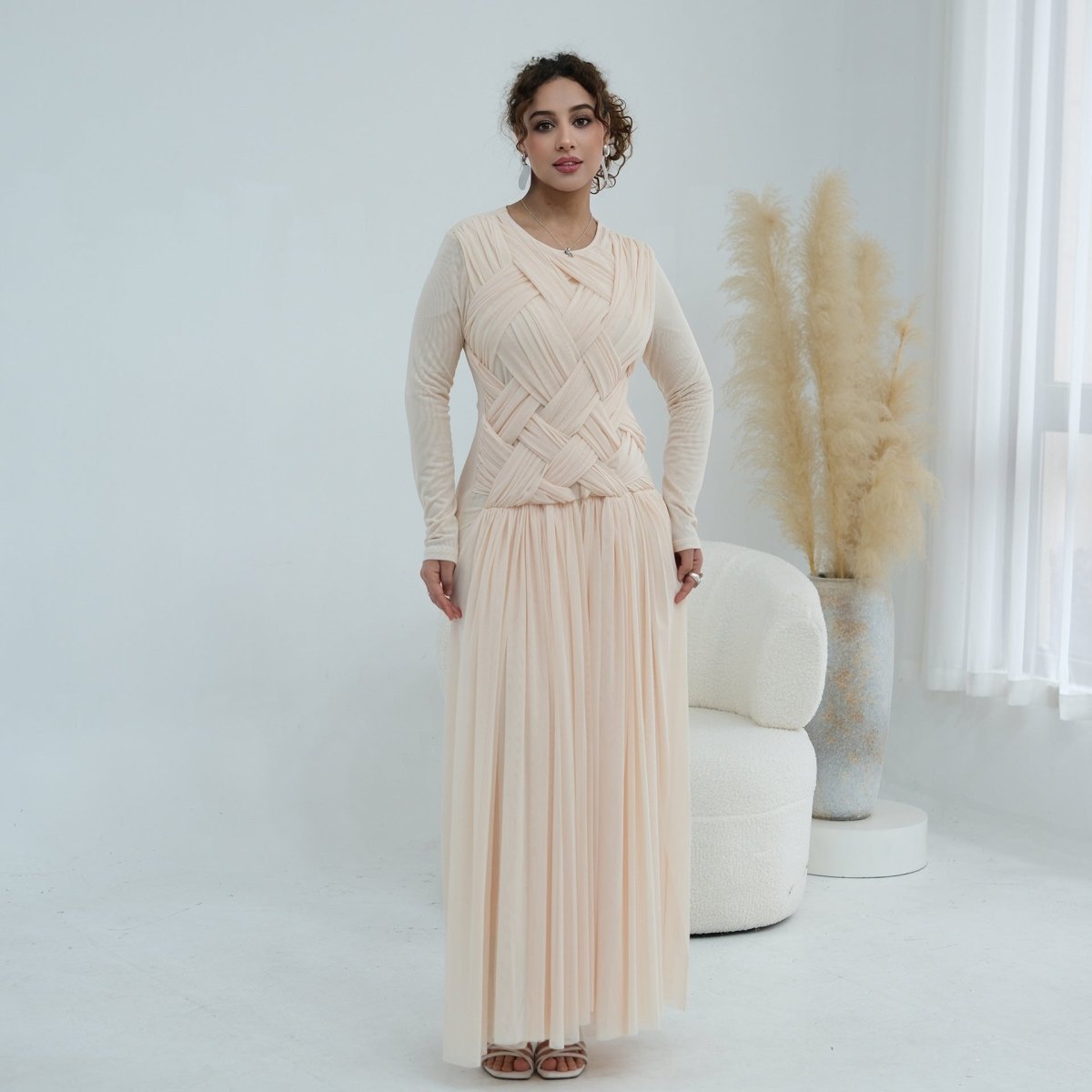 Woven Cross-Strap Bodice Mesh Maxi Dress – Party Maxi Dress
