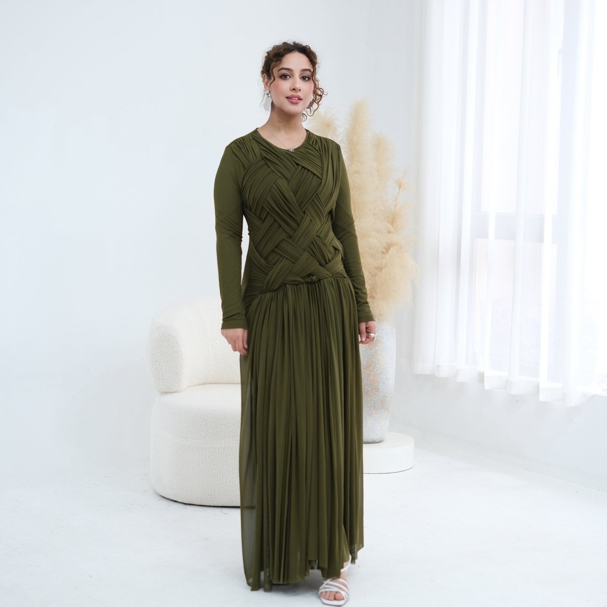 Woven Cross-Strap Bodice Mesh Maxi Dress – Party Maxi Dress
