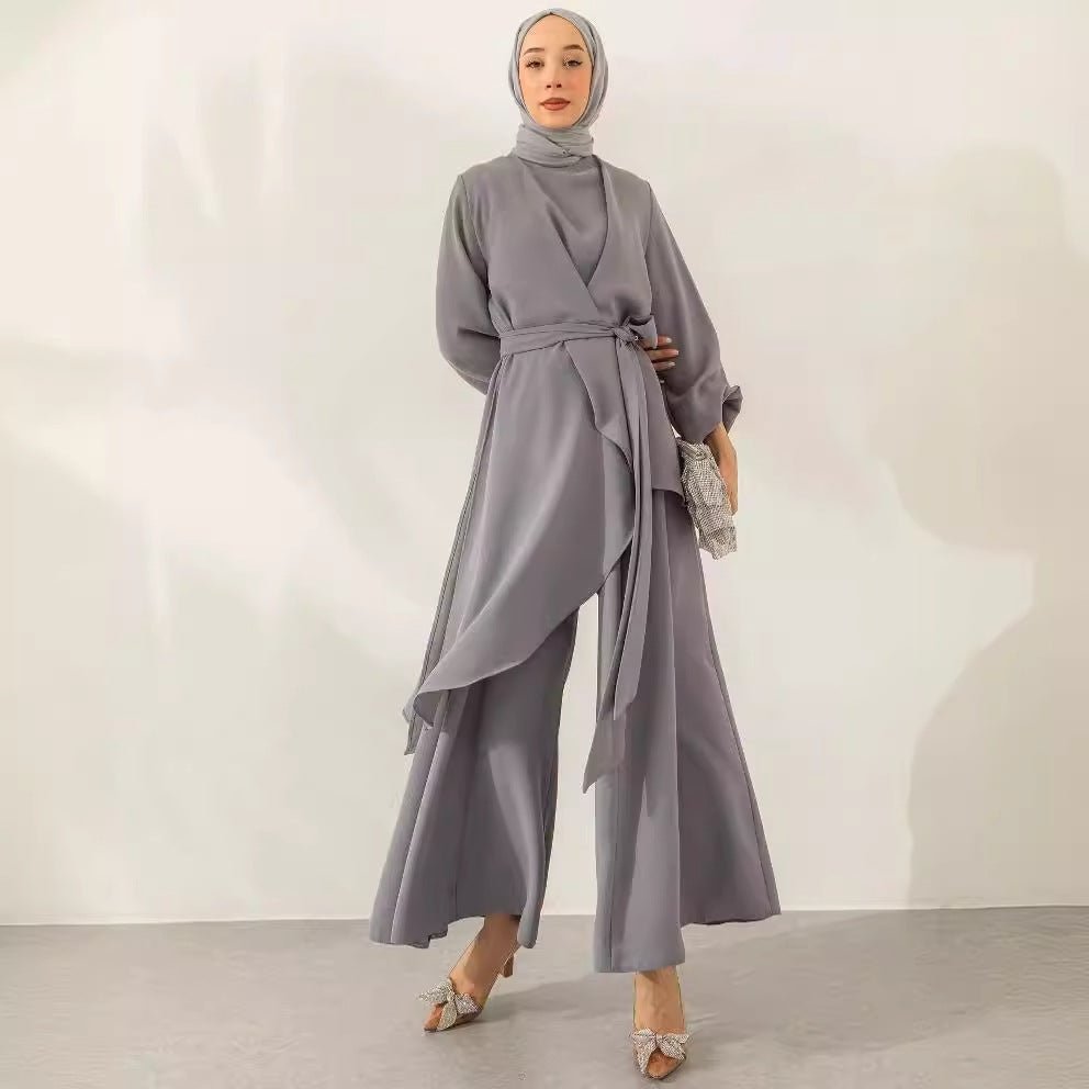 Wrap V-Neck Balloon Sleeve Tie-Waist Top & Wide-Leg Trousers Two-Piece Co-ord Set(MS517) - Mariam's Collection