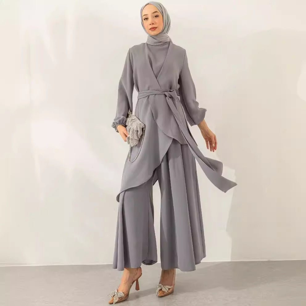 Wrap V-Neck Balloon Sleeve Tie-Waist Top & Wide-Leg Trousers Two-Piece Co-ord Set(MS517) - Mariam's Collection