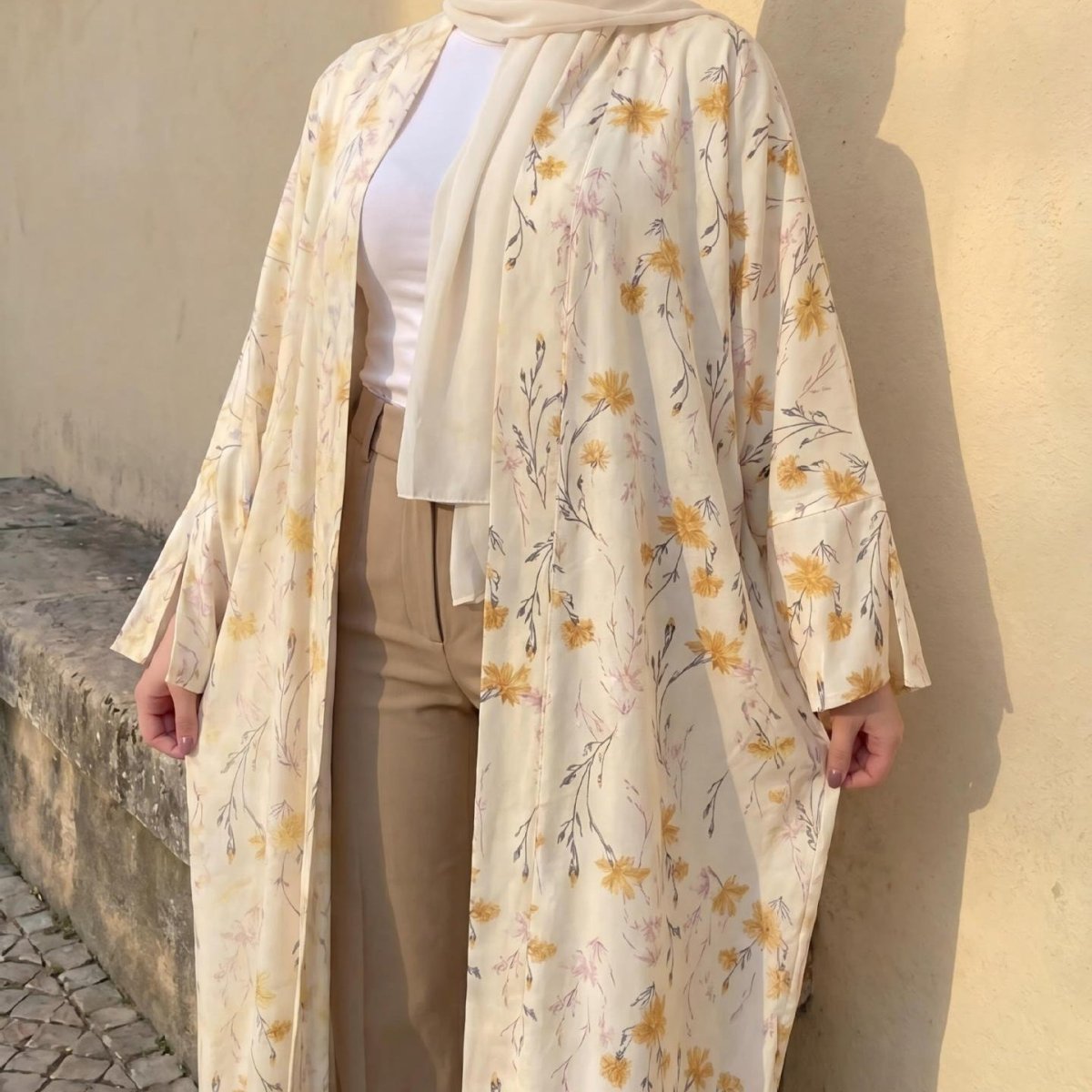 Yellow Floral Print Tie-Cuff Open Abaya(MOA342) - Mariam's Collection