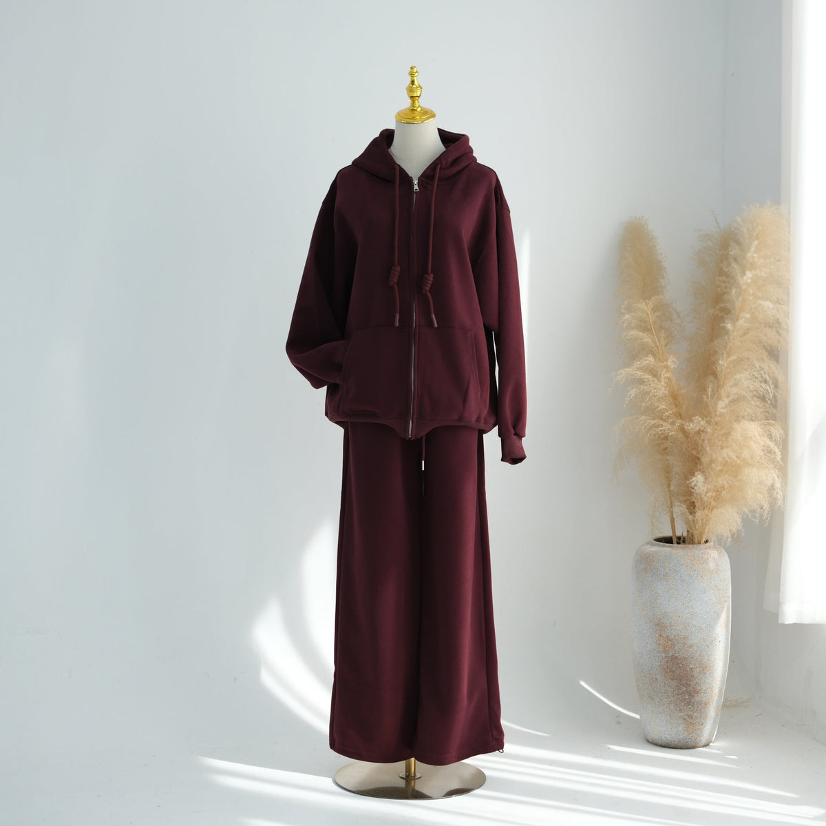 Zip-Up Hoodie & Wide-Leg Pants Set | Casual Modest Athleisure Two-Piece Outfit(MS595) - Mariam's Collection