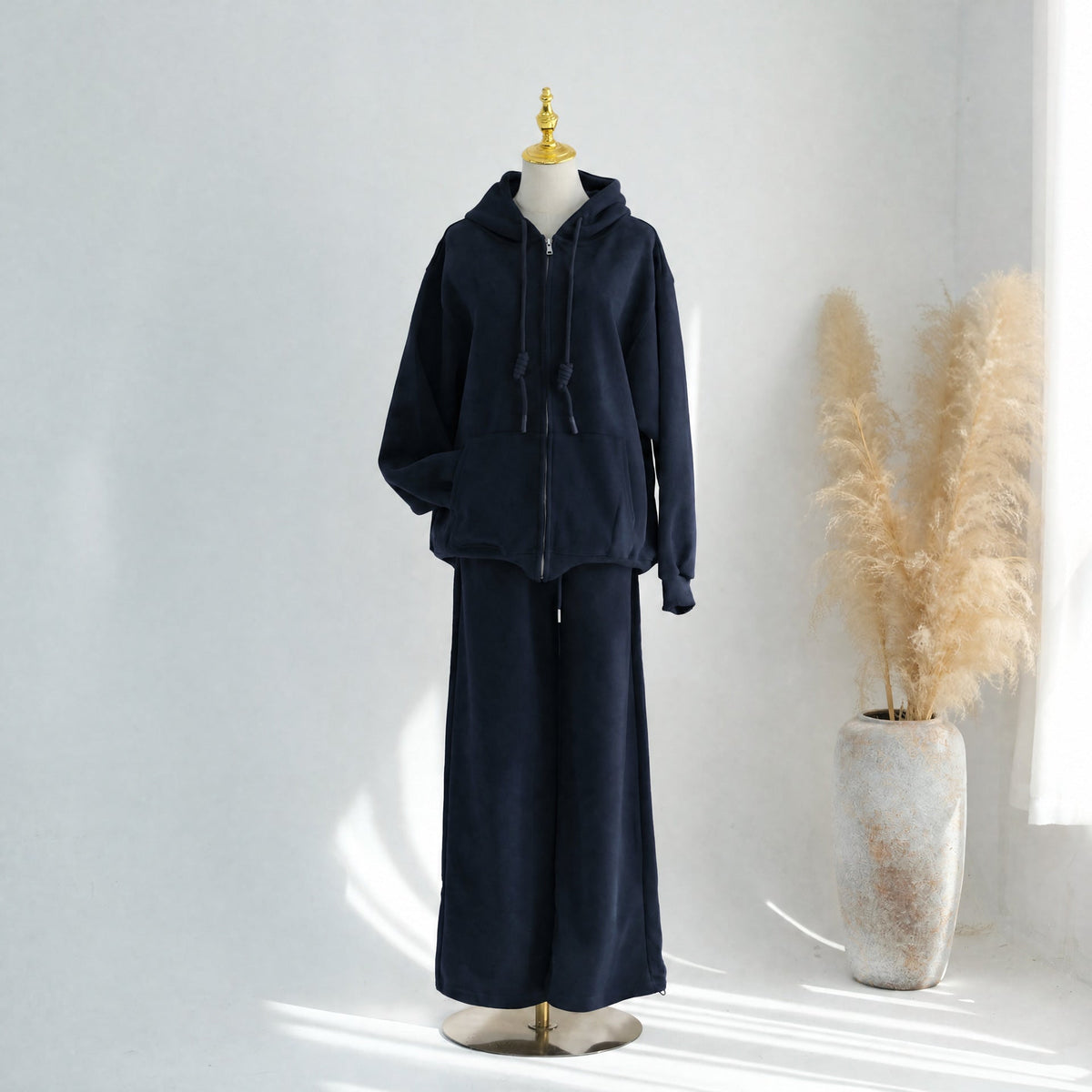 Zip-Up Hoodie & Wide-Leg Pants Set | Casual Modest Athleisure Two-Piece Outfit(MS595) - Mariam's Collection