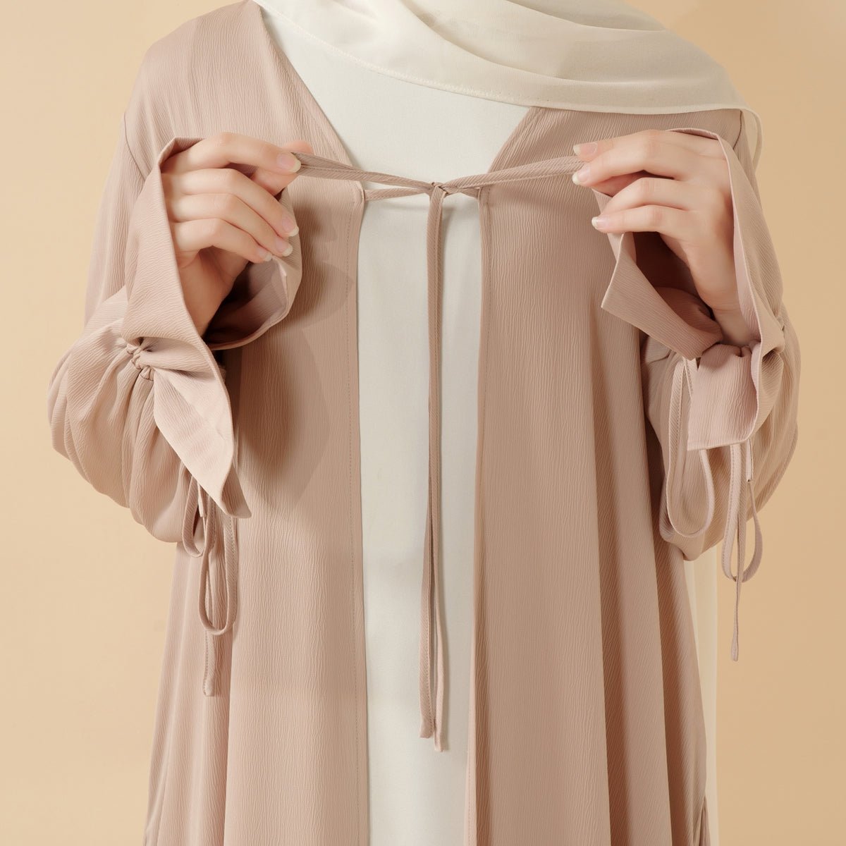 Summer Modest Fashion: Introducing Our New Essential Crepe Satin Open Abaya with Ribbon & Ruffle Sleeves - Mariam's Collection