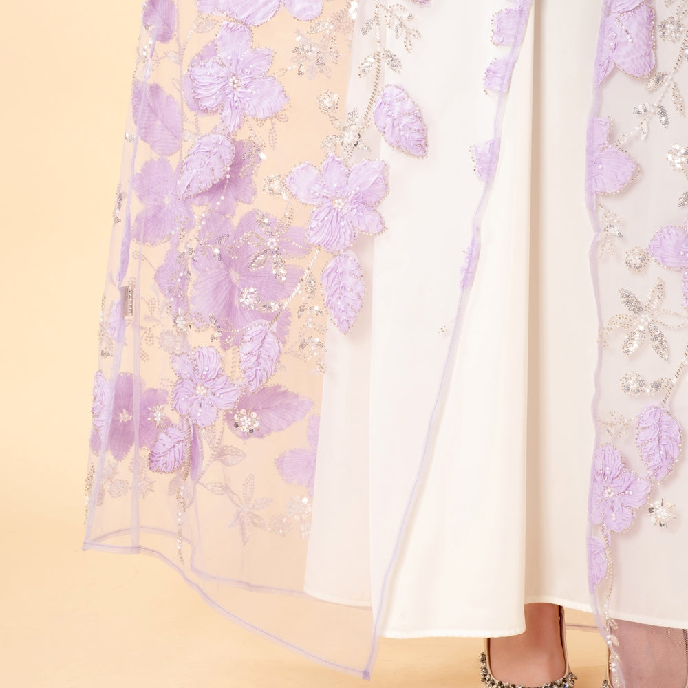 Luxury 3D Floral Beaded Embroidered Mesh Open Abaya– Lavender Occasion Abaya (MOA304)