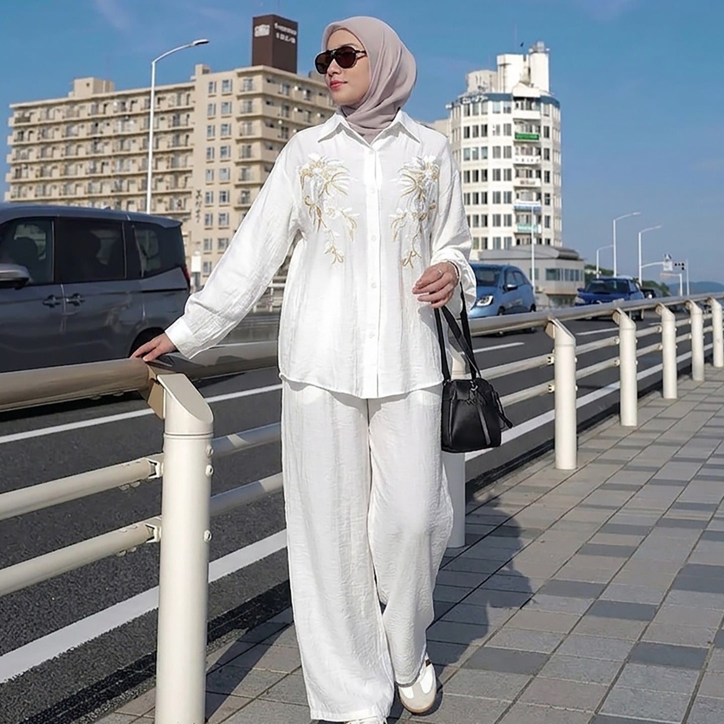 Floral Embroidered Shirt & Wide-Leg Trousers Two-Piece Co-ord Set(MS511)