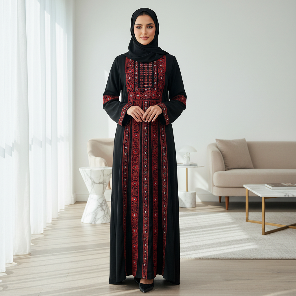 Acetate-like Mesh Tatreez Traditional Palestinian Heritage Abaya  (MA253)